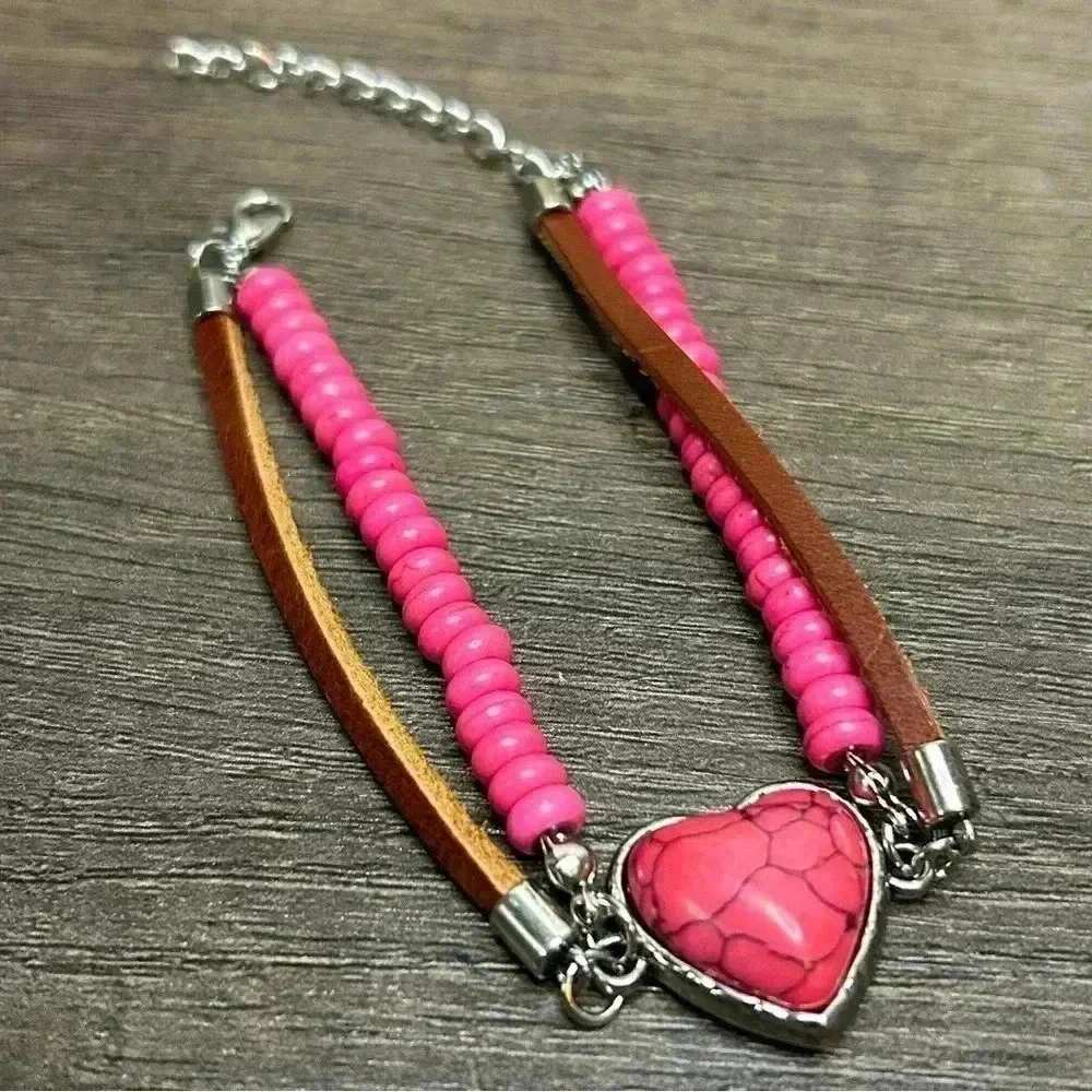 Silver Tone Pink Beads Leather Bands and Pink Heart Stone Bracelet
